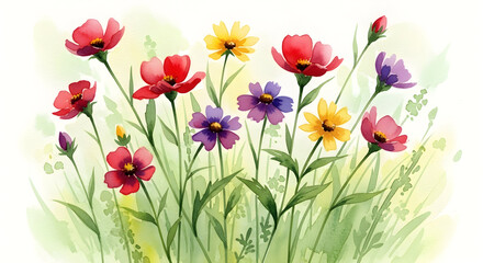 Fototapeta premium Vibrant Spring Flower Garden Watercolor — Lively Mix of Daffodils, Poppies, Tulips and Wildflowers with Lush Green Foliage for Greeting Cards, Botanical Prints and Floral Stationery