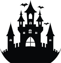Obraz premium Spooky Halloween Castle Silhouette with Bats Flying Around on a White Background