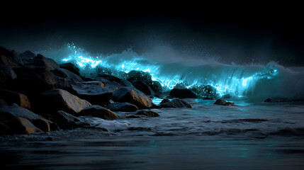 Naklejka premium Bioluminescent wave crashing on a rocky shore at night, creating a magical and ethereal display of glowing blue light in the darkness of the ocean