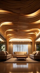 Aesthetic living room design with wooden wave ceiling and neutral color palette decor