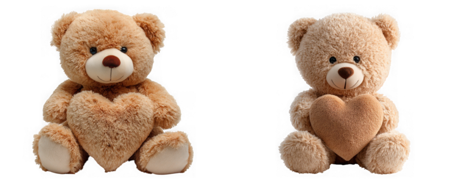Two adorable brown teddy bears holding heartshaped pillows isolated on transparent background, symbolizing love, comfort, and affection for valentines day or any special occasion