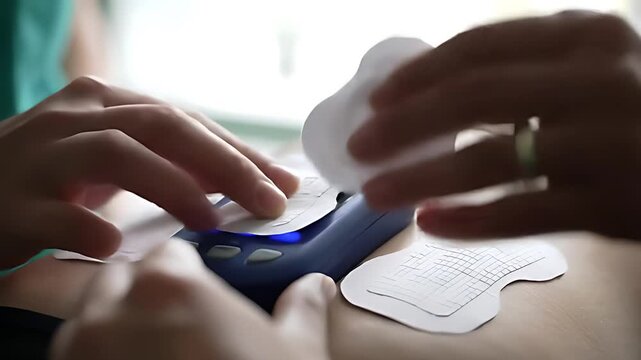 Close-up of a hand expertly placing TENS unit electrode pads on a patients lower back, then precisely adjusting the intensity dial for therapeutic relief.