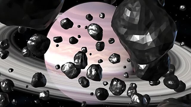 Low poly chrome asteroid field drifts silently through space, silhouetted by a massive ringed gas giant glowing with a soft magenta hue.