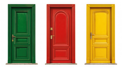 Three colorful wooden doors isolated on transparent background green, red and yellow symbol of choice, opportunity, and new beginnings in a bright and inviting way