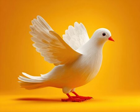 White paper dove bird as a symbol of peace on a bright yellow background, representing peace to Ukraine and International Day of Peace