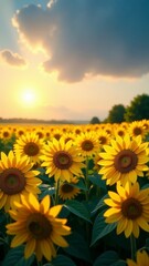 Obraz premium A vibrant sunflower field under a glowing sunset with dramatic clouds and trees in the distance.
