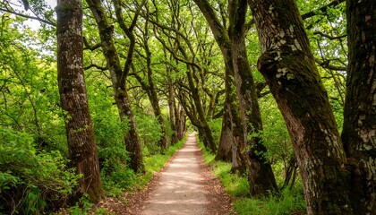Obraz premium Serene forest path with lush greenery and sunlight