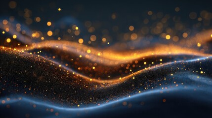 dark blue and warm orange abstract glitter bokeh background glowing light particles shimmering dust waves futuristic festive illumination elegant defocused sparkles luxury holiday design digital