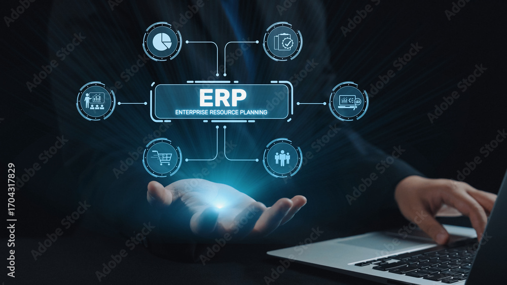 Poster erp platform visual showing centralized system for enterprise resource planning, improving integrati