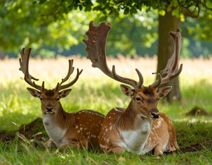 Two fallow deer resting in grassy field beneath trees