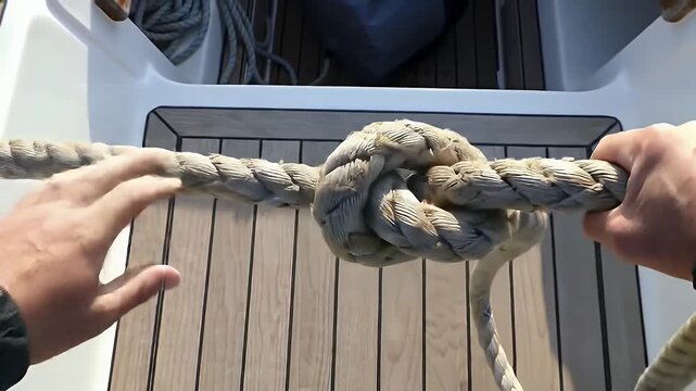 Close Up Of Hands Holding A Rope With A Knot On A Boat Deck In Daylight