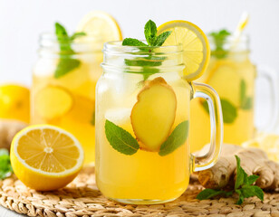 Fototapeta premium Refreshing Ginger Lemonade in Mason Jars with Mint and Ice
