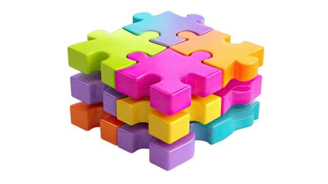 Multi-colored jigsaw puzzle pieces arranged in a 3D cube formation.  Bright, vibrant colors layered together