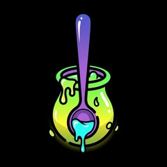 Naklejka premium Vibrant Cartoon Cauldron with Glowing Green Potion and Purple Spoon Dripping Slime on a Black Background