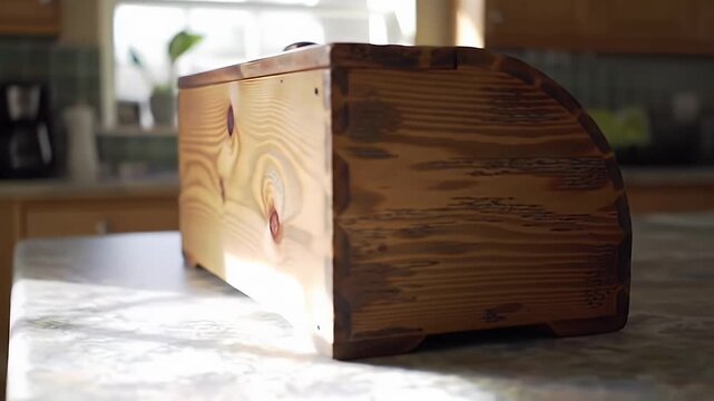 Close Up of Vintage Wooden Bread Box on Kitchen Counter Interior Detail