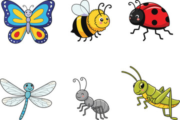 Cute cartoon insect vector set, butterfly, bee, ladybug, dragonfly, ant, grasshopper, colorful bugs for kids, educational, cheerful, playful, friendly