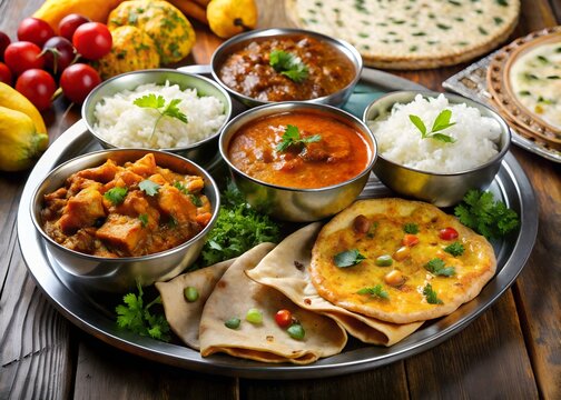 A delicious indian thali feast showcasing various curries rice naan and fresh garnishes on a rustic wooden table