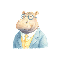Naklejka premium Watercolor hippo in suit with glasses: whimsical animal portrait, cut out