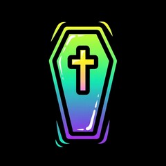 Obraz premium Vibrant Cartoon Coffin Illustration with Colorful Gradient and Cross on a Black Background