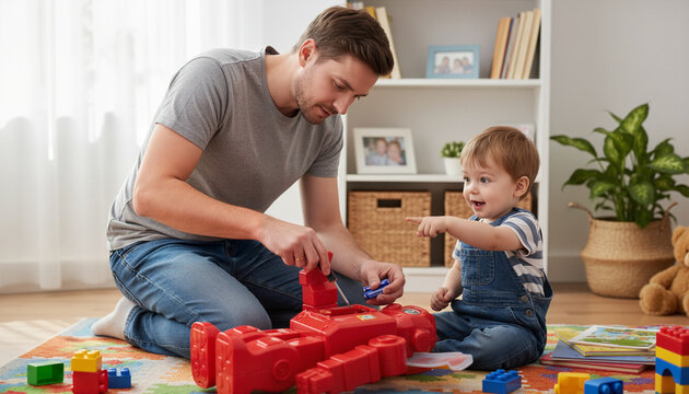 Father playing with toddler on carpet while assembling toy blocks  