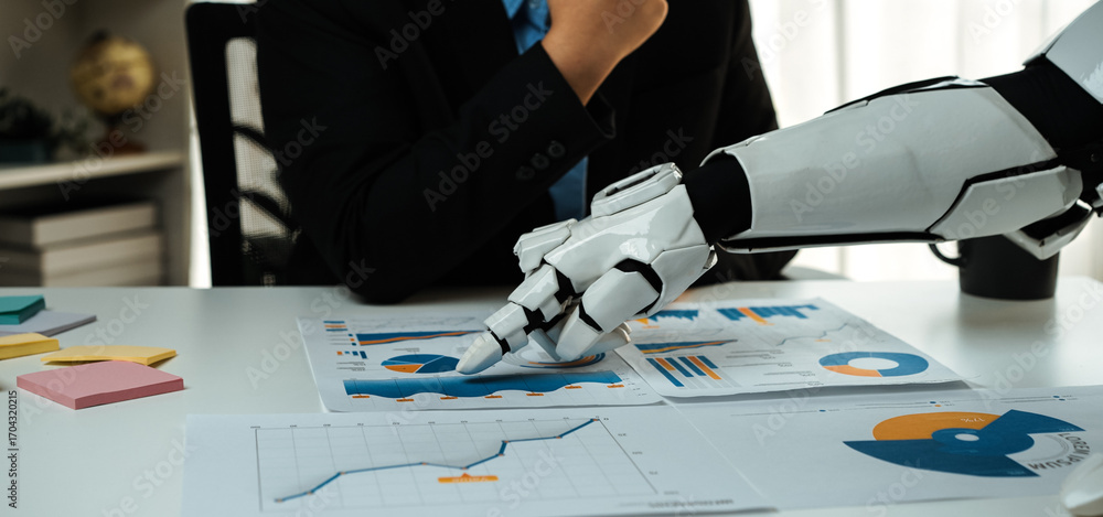 Poster a robot arm engages with charts and graphs during a business meeting, illustrating the integration o