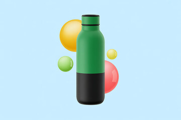 Vibrant green and black reusable water bottle with colorful abstract shapes on a light blue background for a modern design concept