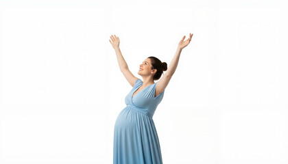 Obraz premium Pregnant woman with arms raised expressing joy against white background 