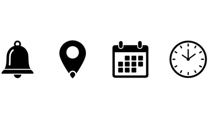  Clock, 24-hour calendar and location pin icon trio — time, date and place UI glyphs for scheduling and maps