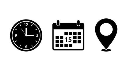  Clock, 24-hour calendar and location pin icon trio — time, date and place UI glyphs for scheduling and maps