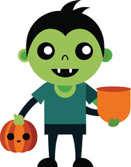 Cute Cartoon Zombie Boy Holding Pumpkin and Treat Bucket for Halloween
