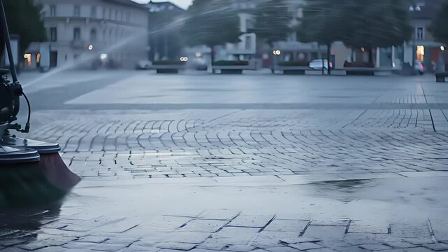 Lone street sweepers methodical pre-dawn cleaning of deserted city square, featuring rotating brushes and water jets in the final quiet.