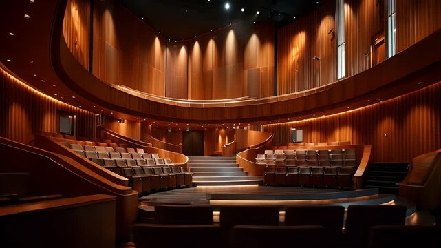 Elegant theater interior with stage and seating arrangement.