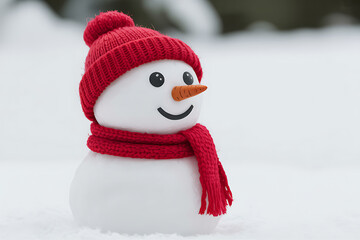 Adorable small snowman wearing a red knitted hat and scarf standing in fresh white snow during winter season