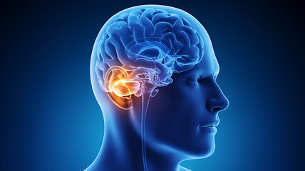 Human brain anatomy illustration, showing temporal lobe highlighted on blue background for medical purposes medical technology