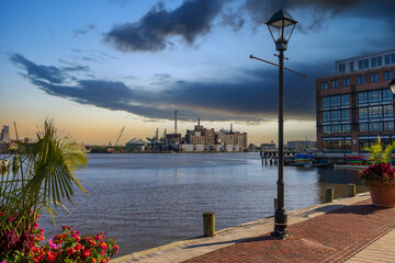 A gorgeous landscape along the Patapsco River at sunset in Baltimore Maryland USA