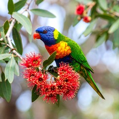 Vibrant parrot perched on red blossoms