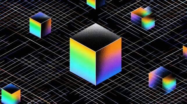 abstract isometric grid with cube and coordinate axis system visualization