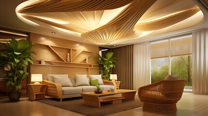 An elegant living room with a unique ceiling design and minimalist wooden furniture arrangement