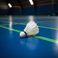 badminton racket and shuttlecock on the ground, badminton court, blue indoor court, green boundary lines, indoor sports, badminton equipment, shuttlecock photography