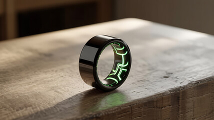 Close up of a black smart ring with green glowing patterns on a wooden surface in soft lighting medical technology