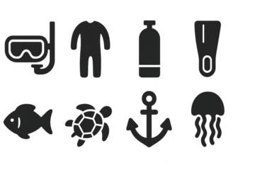Exploring the Depths: An Artistic Representation of Essential Scuba Diving Gear and Marine Life Icons for Adventurers and Ocean Enthusiasts  isolated on white or transparent png