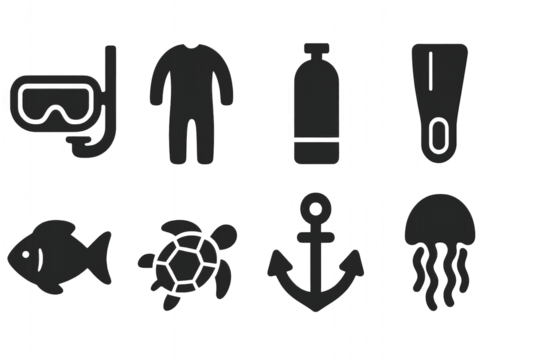 Exploring the Depths: An Artistic Representation of Essential Scuba Diving Gear and Marine Life Icons for Adventurers and Ocean Enthusiasts  isolated on white or transparent png