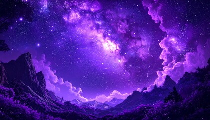 Purple mountains under a vibrant starry sky