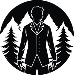 Silhouette of a man in a suit standing in front of mountains and trees on white background