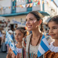 Celebration of culture with traditional attire and festive flags in a vibrant street event