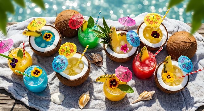 Refreshing Tropical Cocktails Served in Coconut Shells with Colorful Garnishes and Umbrellas