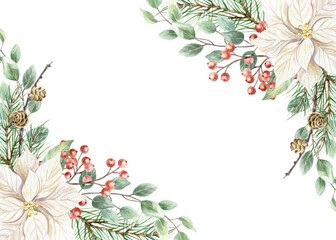 Christmas frame with fir branches, white poinsettia flowers, red berries and green eucalyptus sprig. Hand drawn watercolor holiday advent illustration isolated. Rustic pastel New Year clip art.