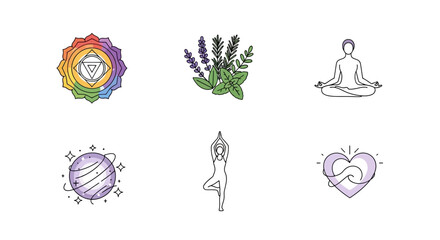 A collection of six wellness and spirituality icons, including yoga poses, a chakra symbol, lavender, a planet, and a heart.