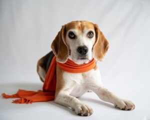Beagle dog portrait with orange scarf cute pet animal canine breed studio shot pose