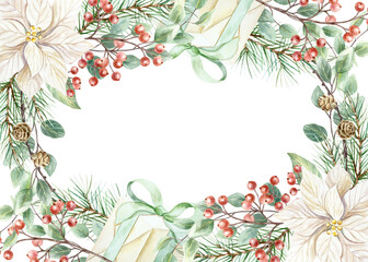 Christmas frame with fir branches, white poinsettia flowers, red berries, eucalyptus and gift box. Hand drawn watercolor holiday advent illustration isolated. Rustic pastel New Year clip art.